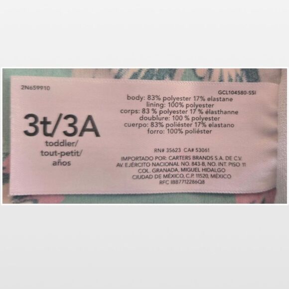 Carters Swim Rashguard Girls 3T Toddler Cropped Tropical Green Floral Top - Picture 8 of 10